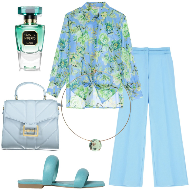 Outfit donna - Total look #1942372. Stile Casual per Tutti i giorni. Abbinamento con profumi, pantaloni, camicie, ciondoli, sandali in pelle, borse a spalla.