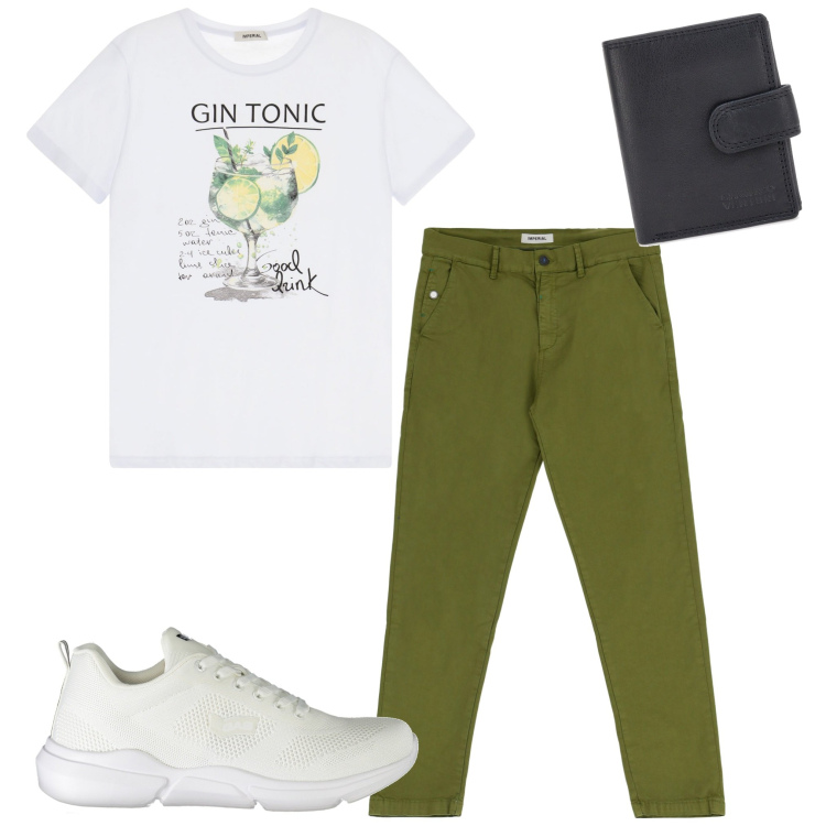 Outfit uomo - In città. Stile Casual per Tutti i giorni. Abbinamento con t-shirt, pantaloni chino, portafogli, sneakers.