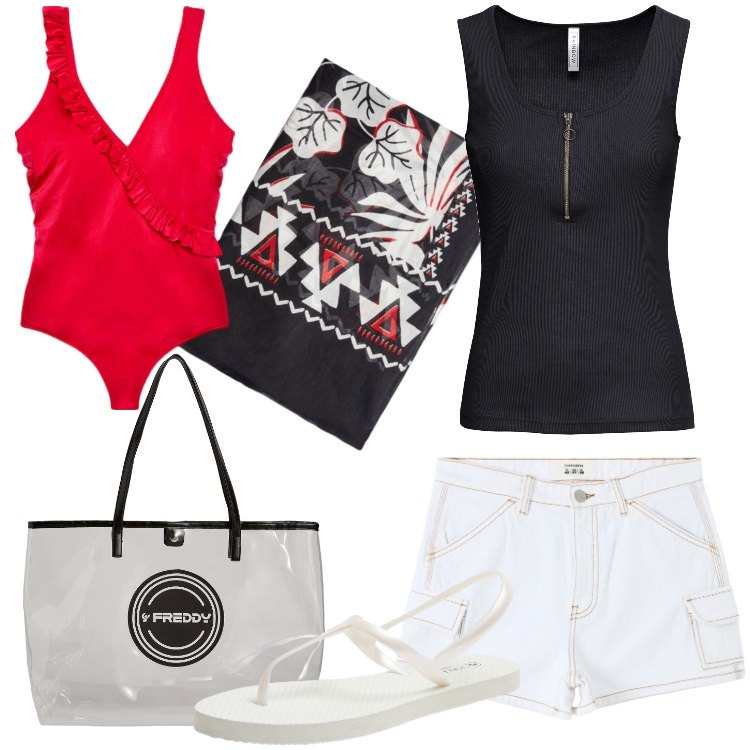 Outfit donna - Gli outfit per le vacanze Curvy Style. Stile Basic per Mare. Abbinamento con top, pantaloni corti, sandali, shopping bag, costumi interi, vestiti da spiaggia.