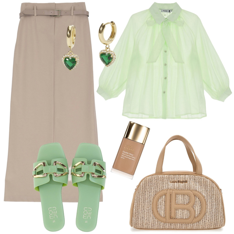 Outfit donna - In centro a Milano. Stile Trendy per Tutti i giorni. Abbinamento con fondotinta, orecchini, camicie, gonne lunghe, ciabatte, borse a mano.