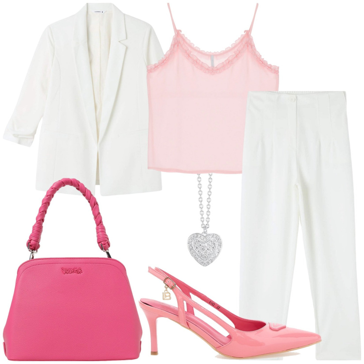 Outfit donna - Total look #1942390. Stile Chic per Ufficio. Abbinamento con pantaloni chino, blazer, collane, top, borse a spalla, décolleté.