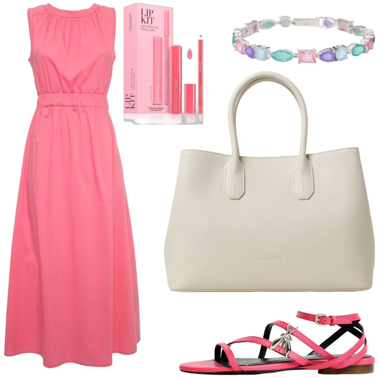 Outfit donna - La mia borsa per l\'estate. Stile Bon Ton per Tutti i giorni. Abbinamento con rossetti, braccialetti, sandali in pelle, vestiti lunghi, borse a mano.