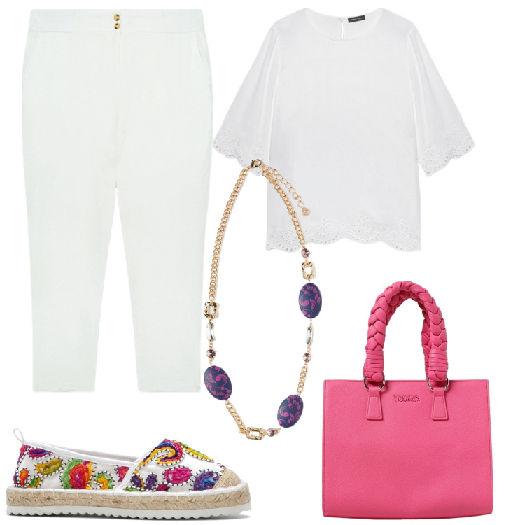 Outfit donna - Outfit estivo. Stile Basic per Tutti i giorni. Abbinamento con espadrillas, bluse, borse a mano, pantaloni, ciondoli.