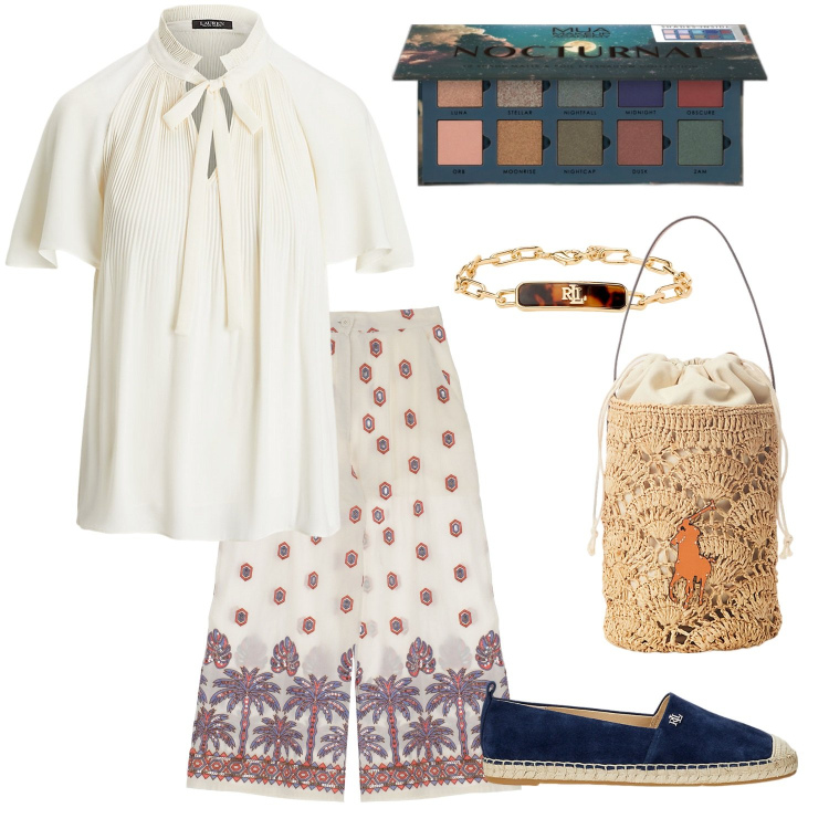 Outfit donna - Serata tropicale. Stile Boho per Serata fuori. Abbinamento con ombretti, pantaloni, camicie, borse a secchiello, espadrillas, braccialetti.