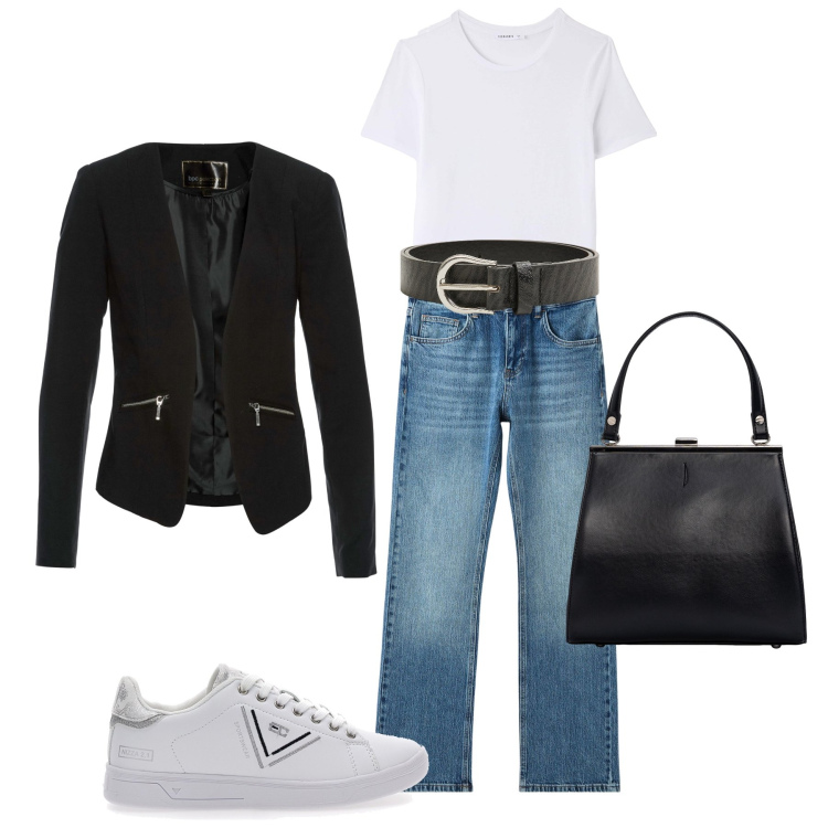 Outfit donna - Basica per le giornate di corsa. Stile Urban per Tutti i giorni. Abbinamento con blazer, t-shirt, jeans slim fit, cinture, sneakers, clutch.