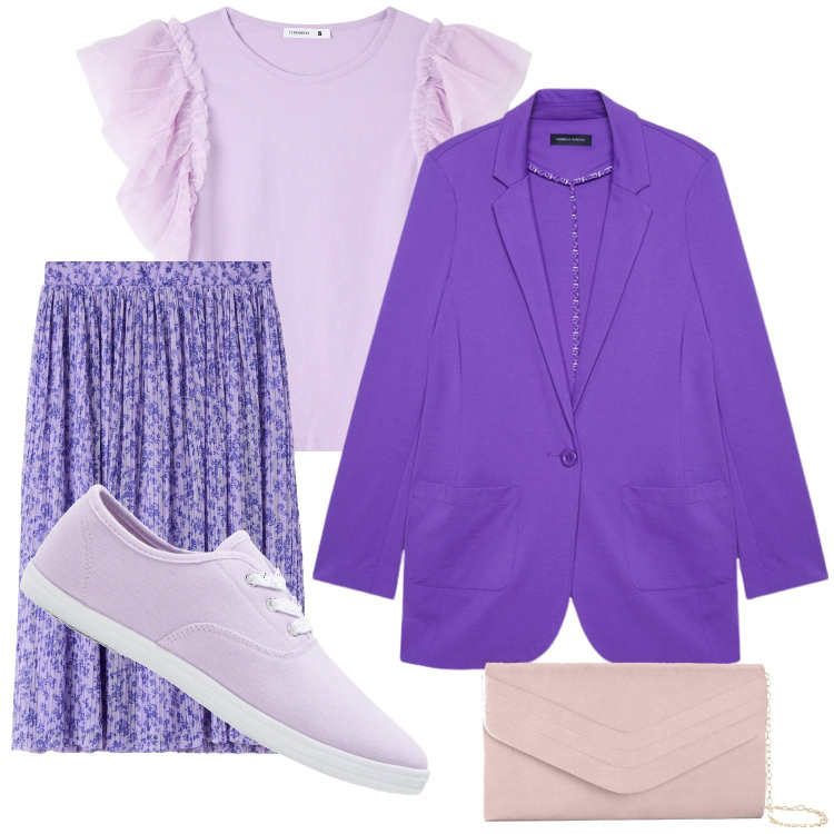 Outfit donna - Total look #1942404. Stile Casual chic per Serata fuori. Abbinamento con pochette, sneakers, t-shirt, gonne lunghe, blazer.