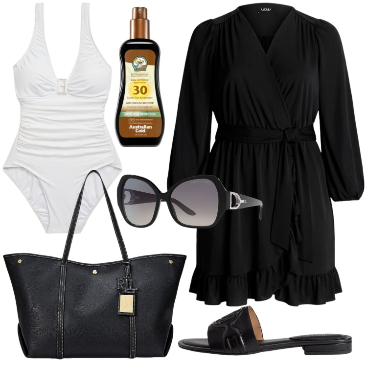 Outfit donna - In valigia per la vacanza al mare. Stile Chic per Mare. Abbinamento con terre, occhiali da sole, sandali in pelle, borse tote, costumi interi, vestiti.