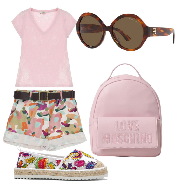 Outfit donna - Piscina. Stile Casual chic per Mare. Abbinamento con espadrillas, shorts, t-shirt, occhiali da sole, zaini.