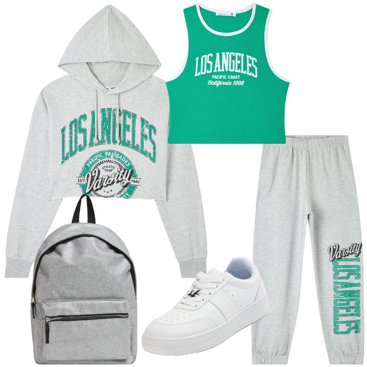 Outfit donna - Educazione fisica a scuola. Stile Urban per Scuola/Università. Abbinamento con pantaloni sportivi, sneakers, felpe sportive, zaini, canottiere.