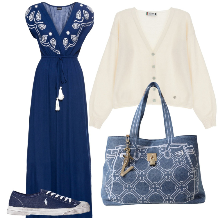Outfit donna - Trasferimento in campagna. Stile 70s per Tutti i giorni. Abbinamento con vestiti lunghi, cardigans, sneakers, borse tote.