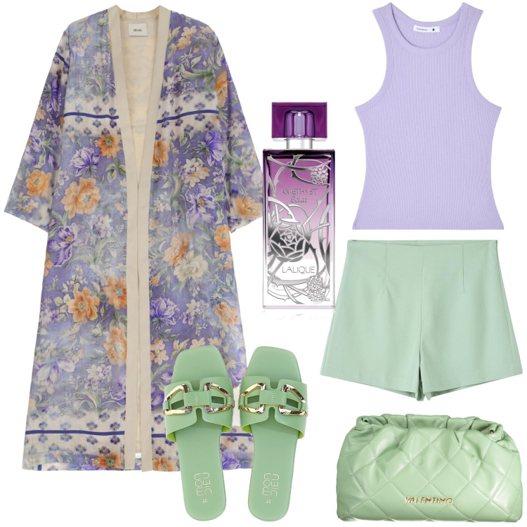 Outfit donna - Lilla, verde e fiori. Stile Boho per Tutti i giorni. Abbinamento con profumi, canottiere, shorts, trench, ciabatte, borse a spalla.