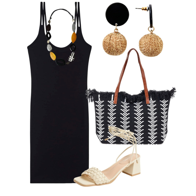 Outfit donna - Curvy e sexy in vacanza. Stile Chic per Serata fuori. Abbinamento con orecchini, sandali alla schiava, vestiti, borse a spalla, collane.