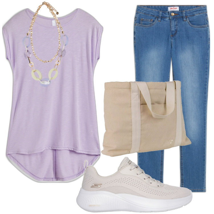 Outfit donna - La borsa New Balance. Stile Casual per Scuola/Università. Abbinamento con maglieria, jeans skinny, shopping bag, sneakers, ciondoli.