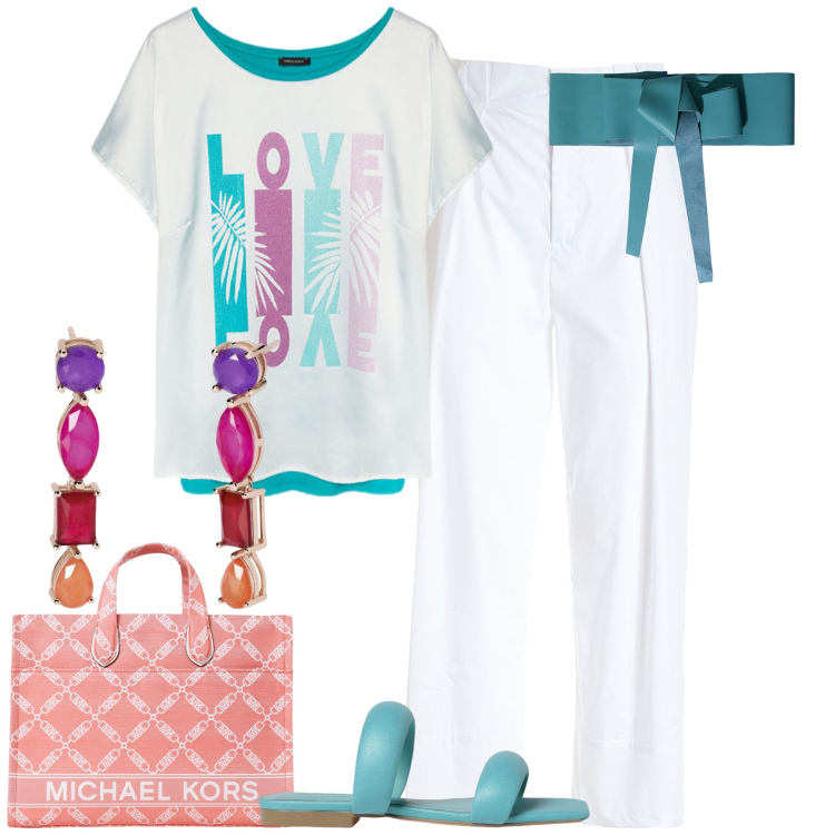 Outfit donna - Agosto. Stile Casual chic per Tutti i giorni. Abbinamento con orecchini, cinture, pantaloni, sandali in pelle, borse tote, t-shirt.