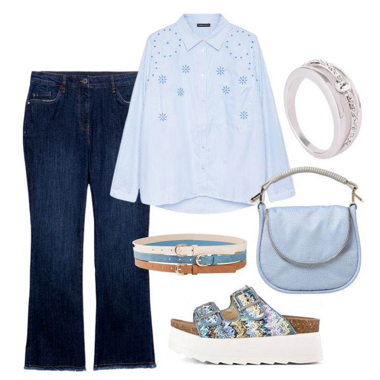 Outfit donna - Vacanze estive!!!. Stile Casual per Mare. Abbinamento con anelli, cinture, camicie, zeppe, borse a spalla, jeans a zampa.