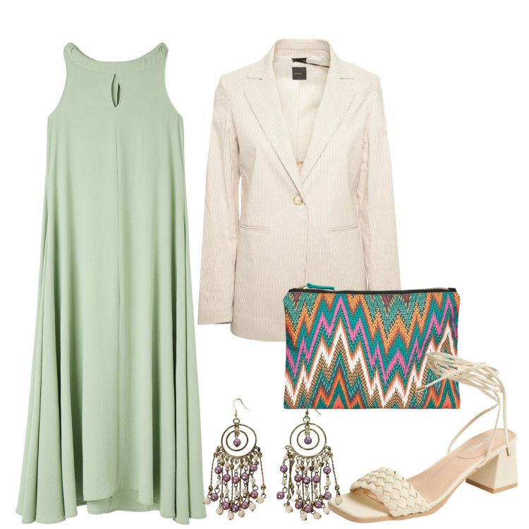 Outfit donna - I primi blazer. Stile Bon Ton per Tutti i giorni. Abbinamento con vestiti senza maniche, sandali alla schiava, orecchini, blazer, pochette.