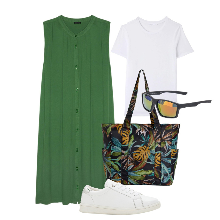 Outfit donna - Rientro in verde brillante. Stile Basic per Tutti i giorni. Abbinamento con sneakers, t-shirt, shopping bag, vestiti lunghi, occhiali da sole.