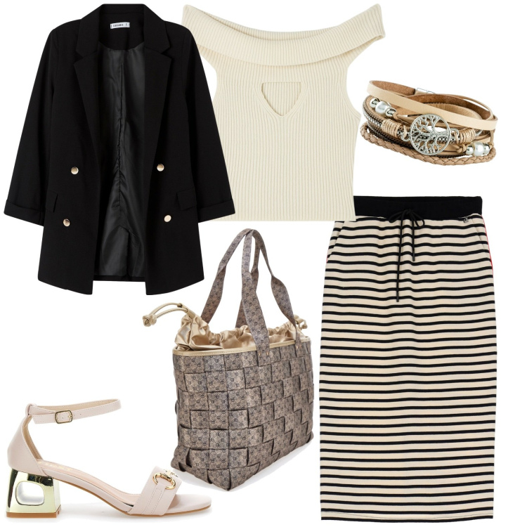 Outfit donna - Fine Settembre. Stile Casual per Tutti i giorni. Abbinamento con braccialetti, top, blazer, gonne longuette, sandali col tacco, borse a spalla.