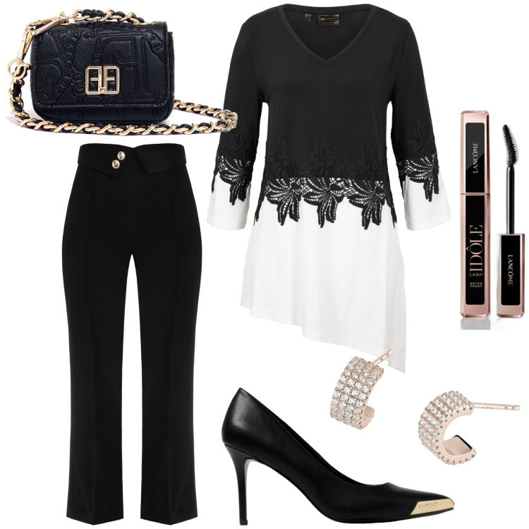 Outfit donna - Total look #1942454. Stile Chic per Serata fuori. Abbinamento con maglieria, mascara, orecchini, pantaloni a palazzo, marsupi, scarpe col tacco.