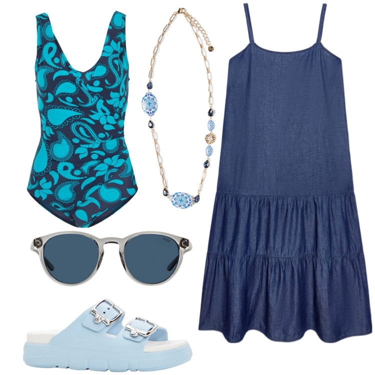 Outfit donna - Total look #1942458. Stile Casual per Mare. Abbinamento con costumi interi, ciabatte, occhiali da sole, vestiti lunghi, ciondoli.