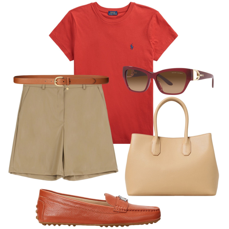 Outfit donna - Toni caldi in città. Stile Casual per Tutti i giorni. Abbinamento con shorts, t-shirt, cinture, occhiali da sole, mocassini, borse a mano.