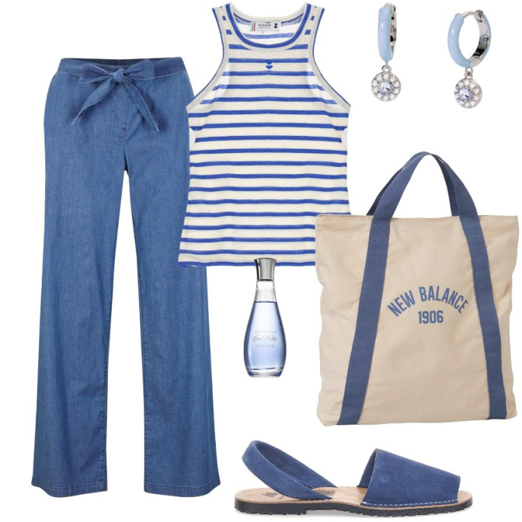 Outfit donna - Pomeriggi estivi. Stile Casual per Tutti i giorni. Abbinamento con pantaloni, profumi, orecchini, borse a mano, top, sandali in pelle.