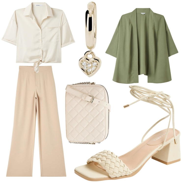 Outfit donna - Terranova back to office. Stile Casual chic per Ufficio. Abbinamento con kimono, pantaloni, camicie a manica corta, sandali alla schiava, borse a tracolla, orecchini.