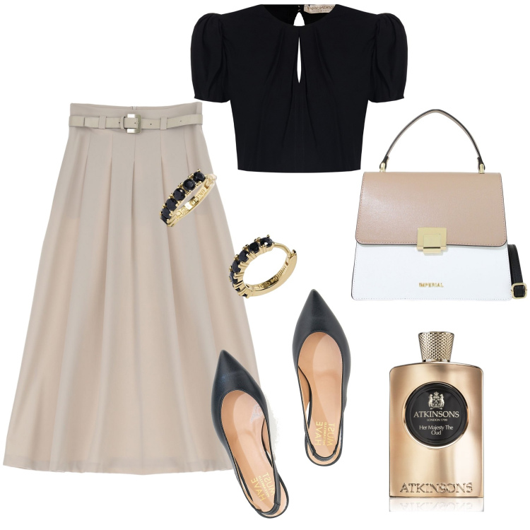 Outfit donna - Ufficio e cena con le ballerine. Stile Bon Ton per Ufficio. Abbinamento con profumi, orecchini, top, gonne longuette, borse a spalla, ballerine.