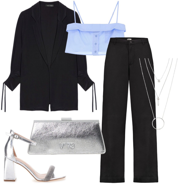 Outfit donna - Il micro top. Stile Glamour per Serata fuori. Abbinamento con ciondoli, top, pantaloni, sandali col tacco, blazer, clutch.