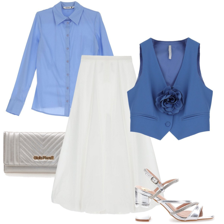 Outfit donna - Il gilet con il fiore. Stile Glamour per Serata fuori. Abbinamento con camicie, gilet, gonne longuette, sandali col tacco, portafogli.