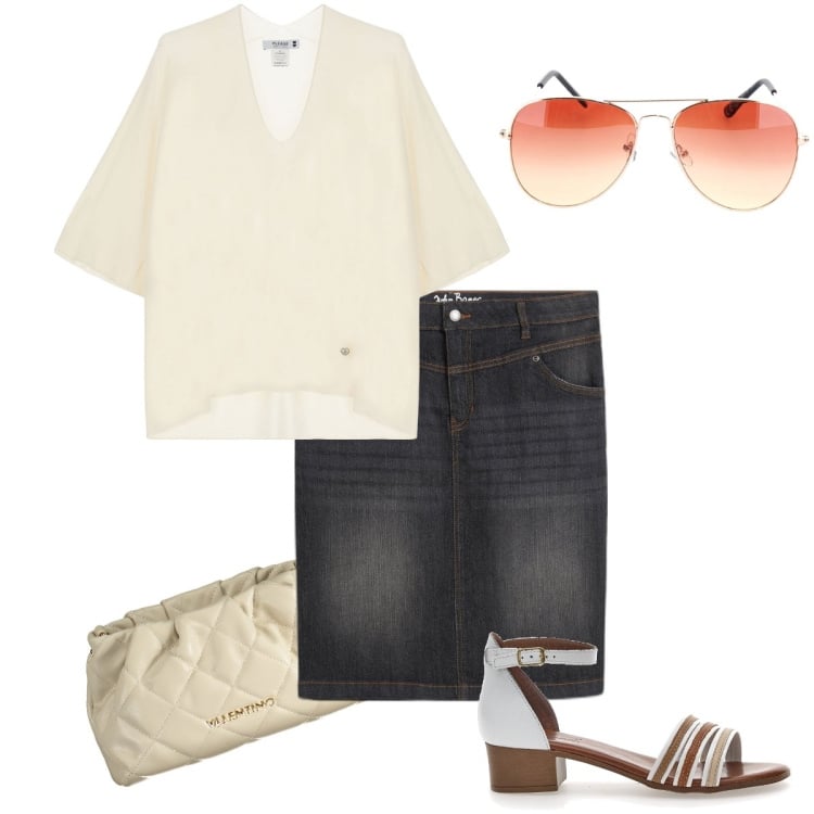 Outfit donna - La gonna midi. Stile Casual chic per Ufficio. Abbinamento con gonne, maglieria, sandali col tacco, borse a spalla, occhiali da sole.