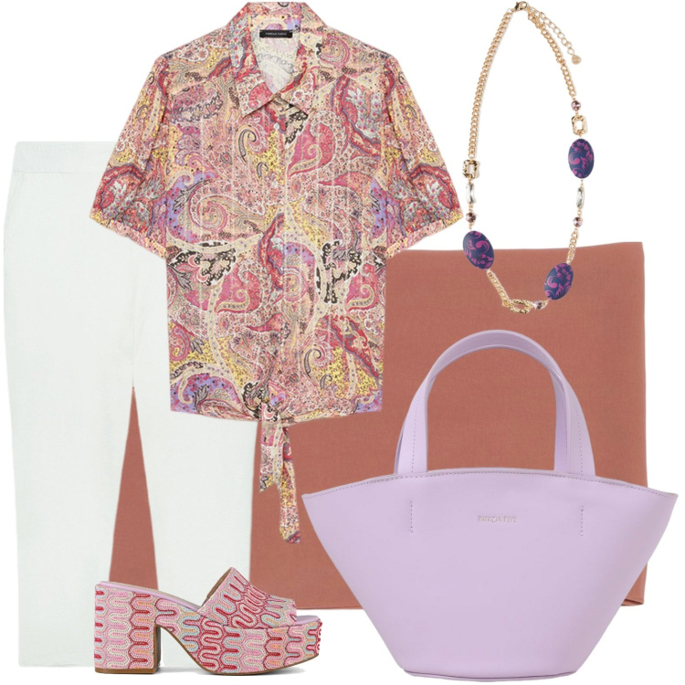 Outfit donna - I pantaloni bianchi e freschi. Stile Casual chic per Tutti i giorni. Abbinamento con sabot, pantaloni, ciondoli, camicie a manica corta, sciarpe, borse a spalla.