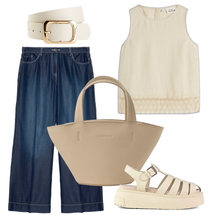 Outfit donna - Top in puro lino. Stile Minimal per Ufficio. Abbinamento con cinture, top, pantaloni, borse a spalla, sandali.