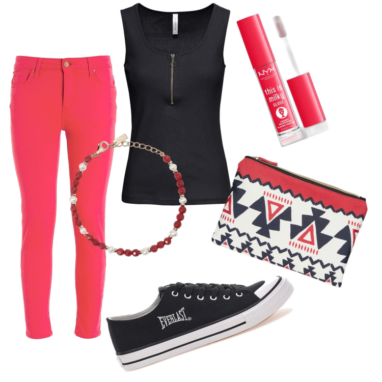 Outfit donna - Total look #1942519. Stile Urban per Tutti i giorni. Abbinamento con top, gloss, braccialetti, jeans, pochette, sneakers.