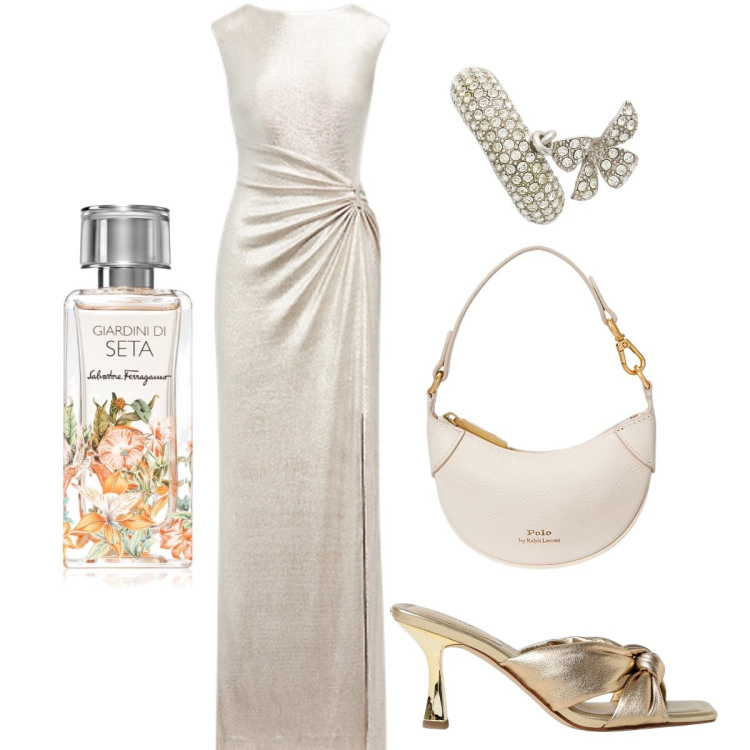 Outfit donna - Un vestito da Olimpo. Stile Glamour per Cerimonia. Abbinamento con profumi, vestiti, portafogli, orecchini, sandali col tacco.