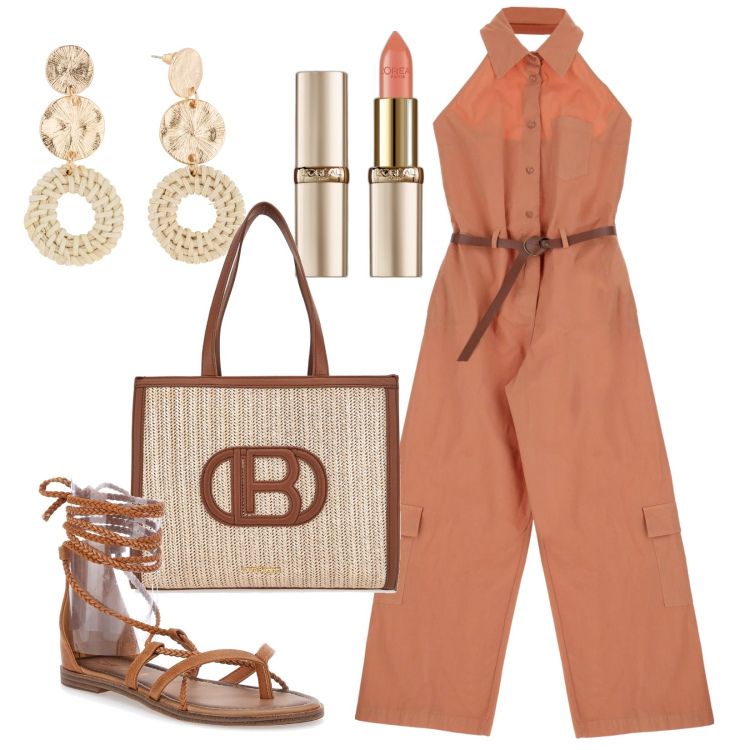 Outfit donna - Ritorno in ufficio. Stile Casual per Ufficio. Abbinamento con orecchini, rossetti, tute, borse a spalla, sandali alla schiava.