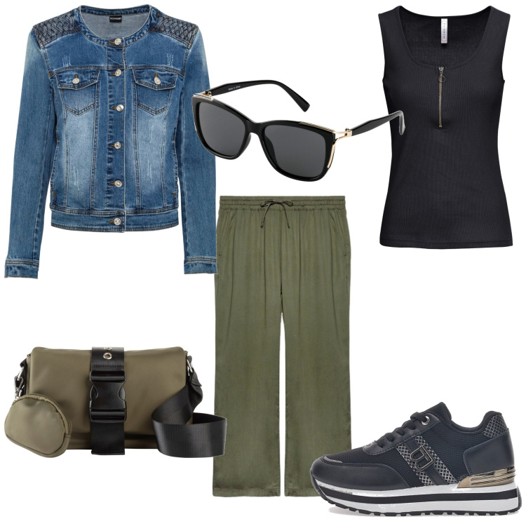 Outfit donna - Vacanze in collina. Stile Casual per Tutti i giorni. Abbinamento con top, occhiali da sole, blazer, borse a tracolla, sneakers, pantaloni.