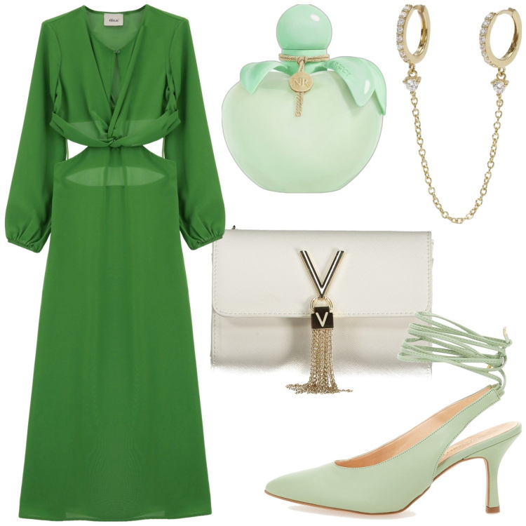 Outfit donna - Total look #1942533. Stile Trendy per Serata fuori. Abbinamento con profumi, orecchini, vestiti, borse a tracolla, décolleté.