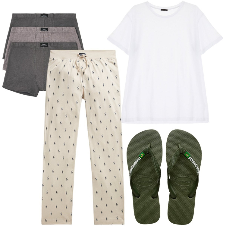 Outfit uomo - Caffè nero bollente. Stile Trendy per Tutti i giorni. Abbinamento con boxer, t-shirt, pantaloni, sandali.