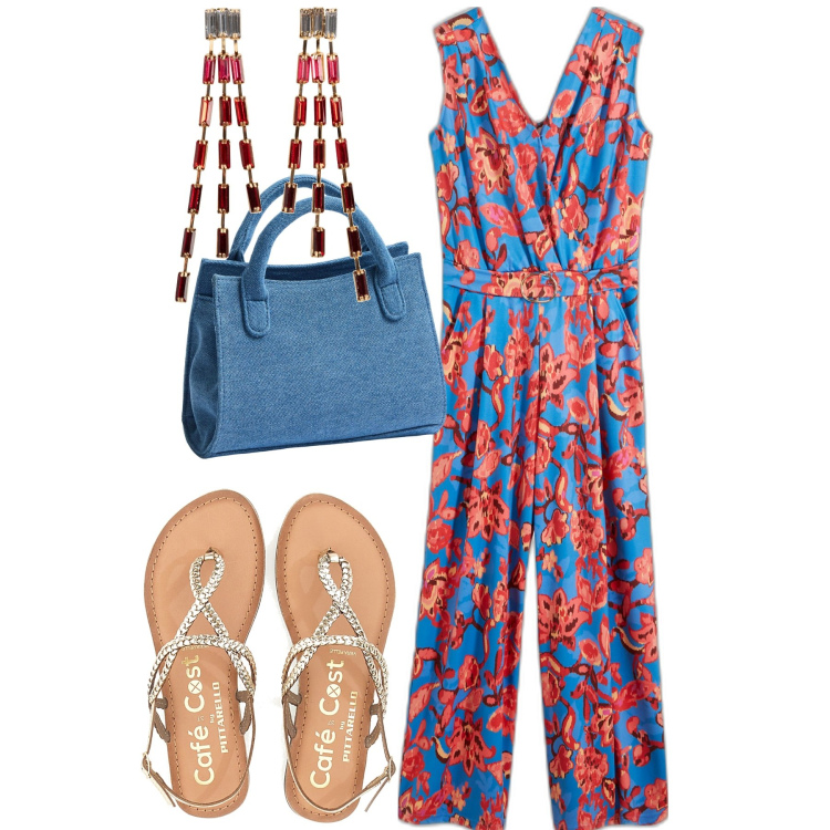 Outfit donna - La tuta estiva. Stile Casual chic per Tutti i giorni. Abbinamento con orecchini, tute, borse a tracolla, ciabatte.