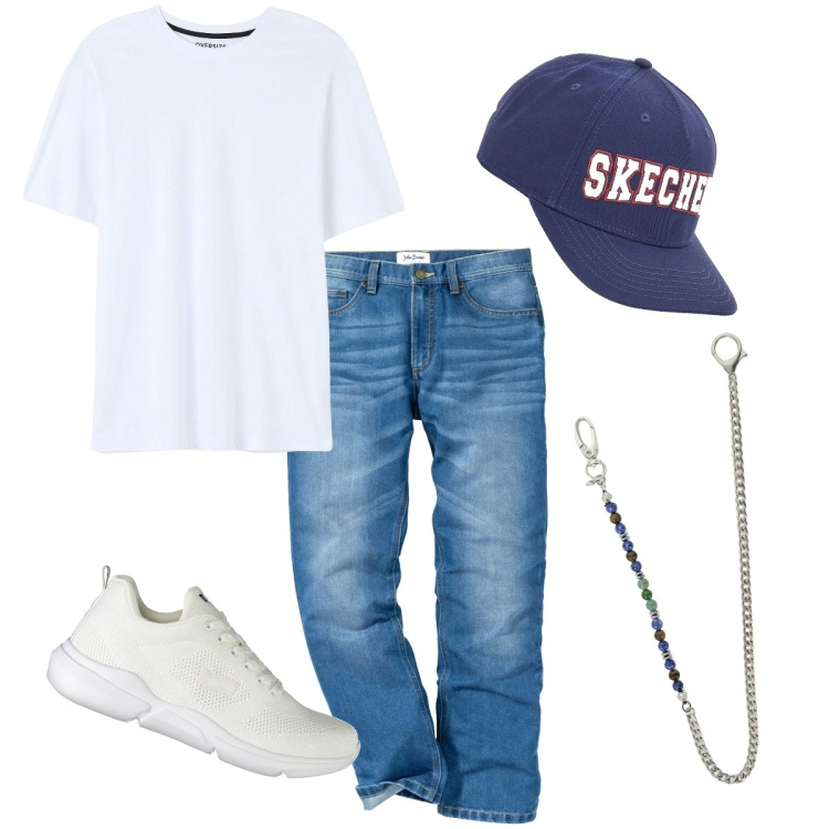 Outfit uomo - Snekaers bianche. Stile Casual per Tutti i giorni. Abbinamento con jeans dritti, t-shirt, collane, sneakers, berretti.