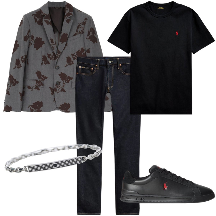 Outfit uomo - Rose sulla giacca. Stile Business/Elegante per Serata speciale. Abbinamento con braccialetti, giacche, t-shirt, jeans, sneakers.