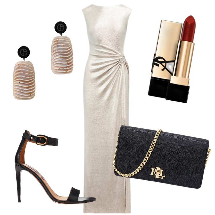 Outfit donna - Abito champagne gran gala. Stile Chic per Cerimonia. Abbinamento con rossetti, vestiti, borse a mano, sandali in pelle, orecchini.