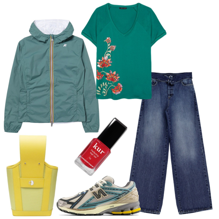 Outfit donna - Passeggiata dopo un temporale estivo. Stile Basic per Tutti i giorni. Abbinamento con smalti, sneakers, jeans, blazer, shopping bag, t-shirt.