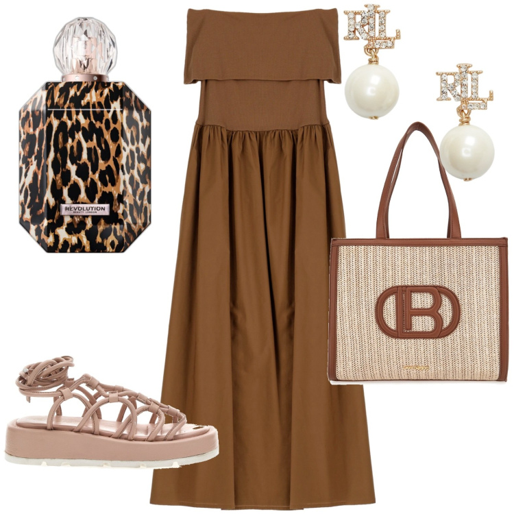 Outfit donna - Spalle scoperte. Stile Casual per Tutti i giorni. Abbinamento con profumi, vestiti lunghi, orecchini, sandali alla schiava, borse a spalla.