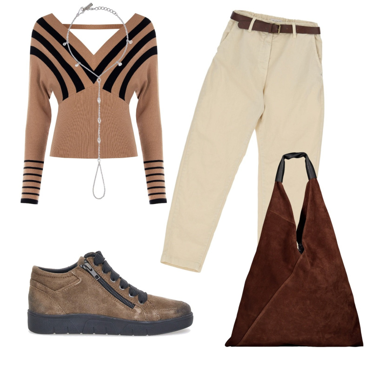 Outfit donna - Total look #1942589. Stile Casual Abbinamento con maglieria, maglieria, pantaloni, borse a spalla, scarpe stringate.
