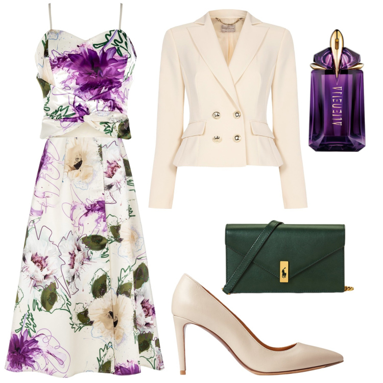 Outfit donna - Cerimonia di fine agosto. Stile Chic per Cerimonia. Abbinamento con profumi, gonne, top, blazer, décolleté, clutch.