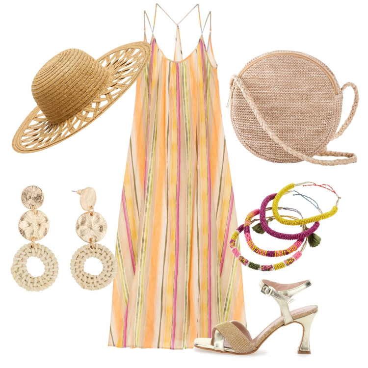 Outfit donna - Tramonto. Stile Boho per Tutti i giorni. Abbinamento con borse a tracolla, orecchini, braccialetti, cappelli, vestiti lunghi, sandali col tacco.