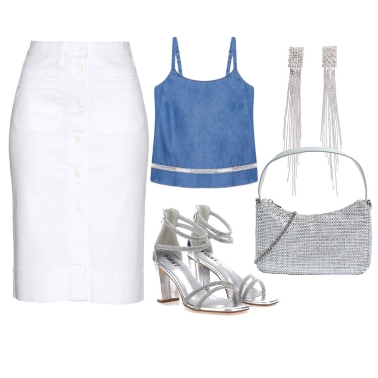Outfit donna - Lungomare glamour. Stile Casual chic per Serata fuori. Abbinamento con orecchini, gonne, borse a tracolla, sandali col tacco, top.