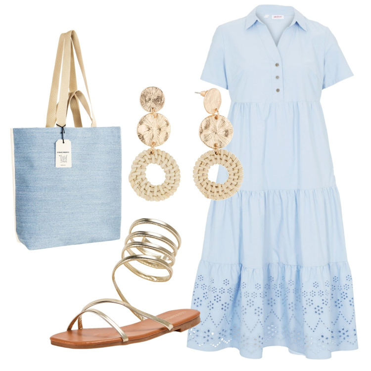 Outfit donna - Per il mare. Stile Bon Ton per Tutti i giorni. Abbinamento con vestiti, orecchini, sandali, borse tote.